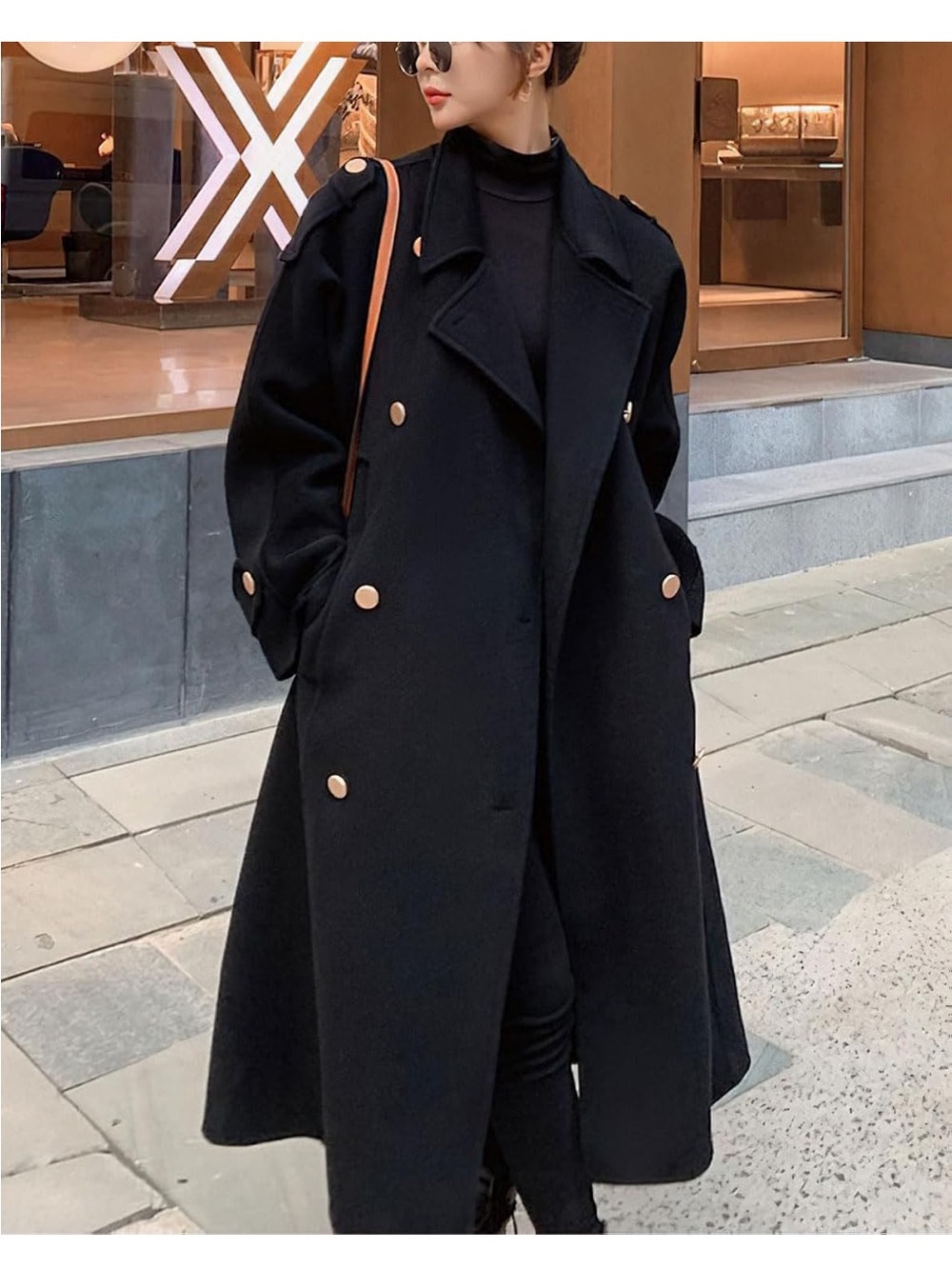 Classic Black Double-Breasted Wool Coat with Gold Buttons